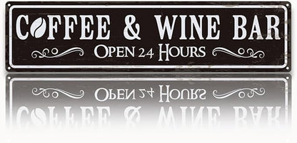 Coffee and Wine Bar Decor, Coffee & Wine Bar Open 24 Hours Sign, Retro Metal Tin Sign, Rustic Farmhouse Wall Decoration, Vintage Home Decor for Kitchen, Coffees Station Decors, 15.8x4 Inches by Unknown