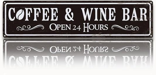 Coffee and Wine Bar Decor, Coffee & Wine Bar Open 24 Hours Sign, Retro Metal Tin Sign, Rustic Farmhouse Wall Decoration, Vintage Home Decor for Kitchen, Coffees Station Decors, 15.8x4 Inches by Unknown