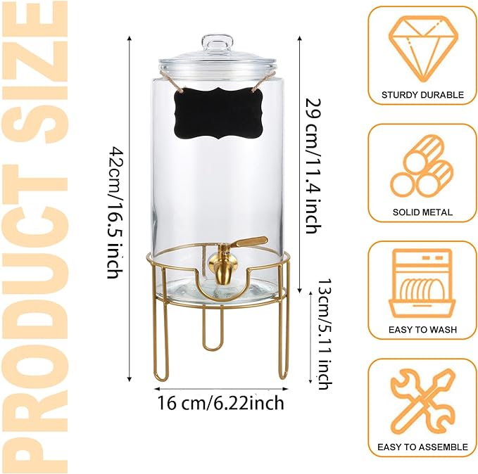 Drink Dispensers for Parties 1 Gallon, Bevarage Dispenser with Stand,Glass Drink Dispenser With Stainless Steel Spigot + Marker & Chalkboard, Ideal for Lemonade,Juice, Tea, and Party Drinks - Image 3