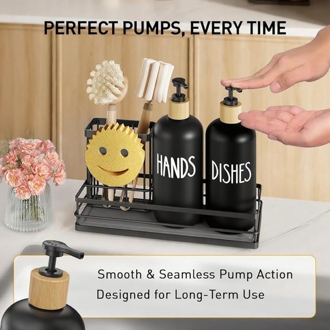 Moforoco Kitchen Dish Soap Dispenser Set, 16OZ Glass Bottle, Hand and Dish Soap Dispenser Set, Instant Dry Tray, Brush Holder with Smiley Face Sponge Holder (Black Tray+Black Bottle) - Image 3