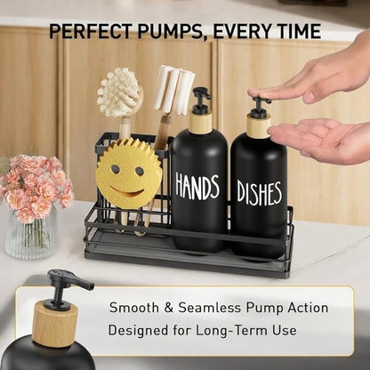 Moforoco Kitchen Dish Soap Dispenser Set, 16OZ Glass Bottle, Hand and Dish Soap Dispenser Set, Instant Dry Tray, Brush Holder with Smiley Face Sponge Holder (Black Tray+Black Bottle) - Image 3