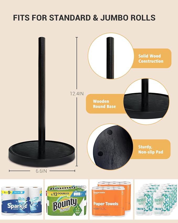 NESAPTO Paper Towel Holder Countertop, Wooden Freestanding Paper Towel Stand for Modern Farmhouse & Cottagecore Decor, Kitchen Bathroom Essential, Black - Image 3