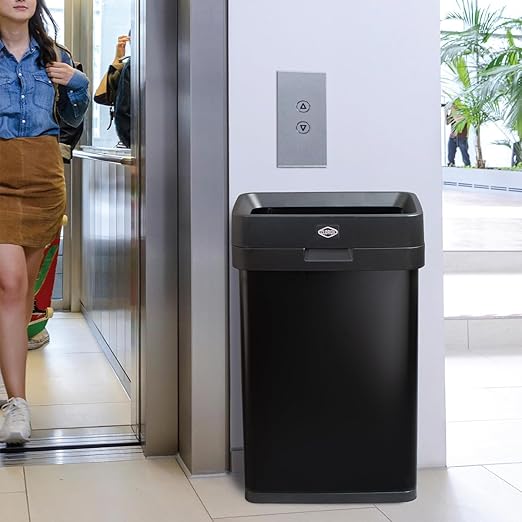 Clorox 13 Gallon Trash Can - 50L Slim Open Top Garbage Bin for Commercial Spaces, Kitchen, Office - Narrow Rectangular Black Stainless Steel Body with Hinged Rim Protection - Image 7