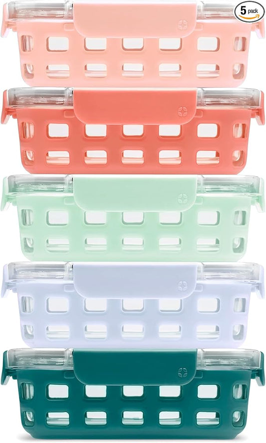 Ello Duraglass 3.4 Cup Meal Prep Sets 10Pc, 5 Pack Set- Glass Food Storage Container with Silicone Sleeve and Airtight BPA-Free Plastic Lids, Dishwasher, Microwave, and Freezer Safe, Melon