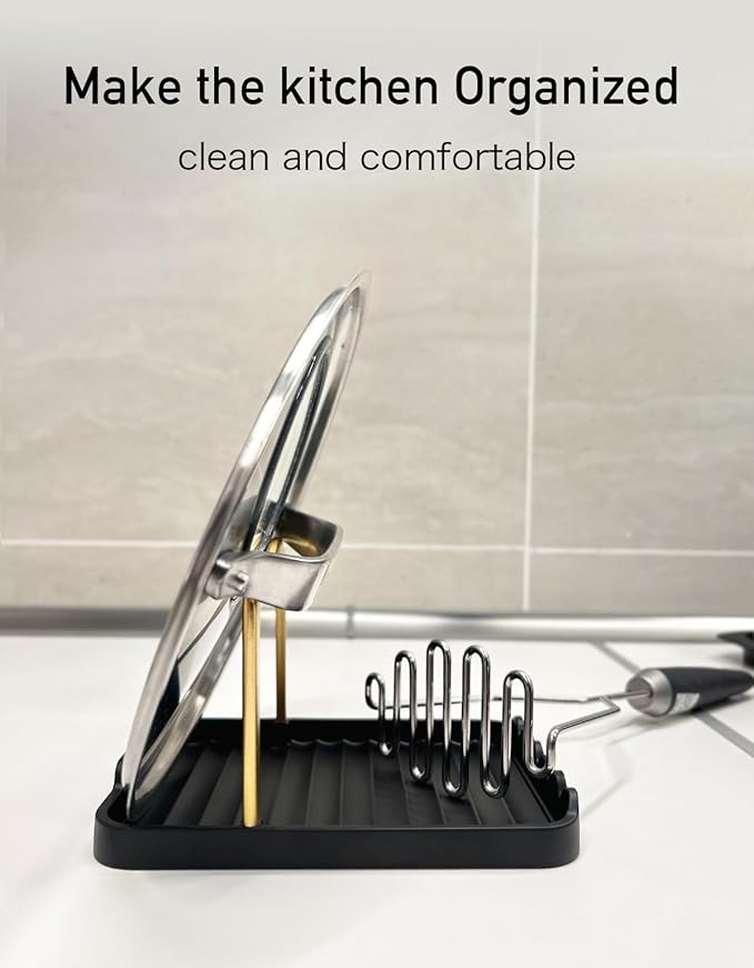 Anti-Rust Metal Spoon Rest with Lid Holder, Heat-Resistant Pot Lid Rest, Multifunctional Spatula Holder While Cooking for Stovetop and Kitchen Counter – Black Gold - Image 4