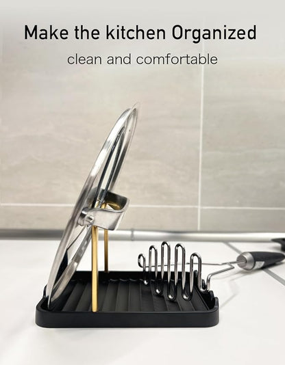 Anti-Rust Metal Spoon Rest with Lid Holder, Heat-Resistant Pot Lid Rest, Multifunctional Spatula Holder While Cooking for Stovetop and Kitchen Counter – Black Gold - Image 4