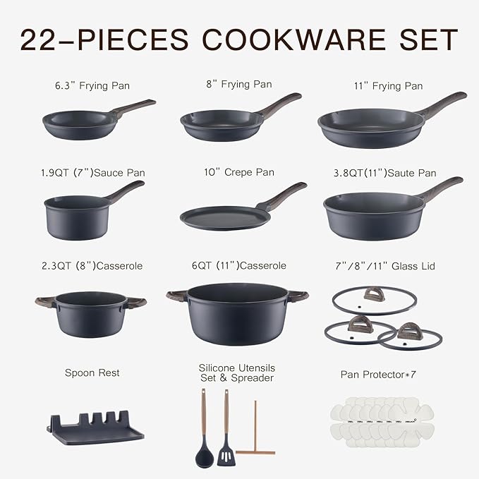 Pots and Pans Set Nonstick 22 Pcs, Ceramic cookware set Non-Toxic CoatingGray Granite Kitchen Cookware Set, Induction Kitchen Cooking Set w/Frying Pans, Saucepans & Glass Lids, PFOS & PFOA Free - Image 7