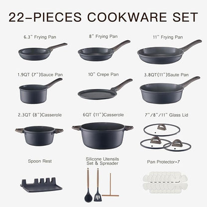 Pots and Pans Set Nonstick 22 Pcs, Ceramic cookware set Non-Toxic CoatingGray Granite Kitchen Cookware Set, Induction Kitchen Cooking Set w/Frying Pans, Saucepans & Glass Lids, PFOS & PFOA Free - Image 7