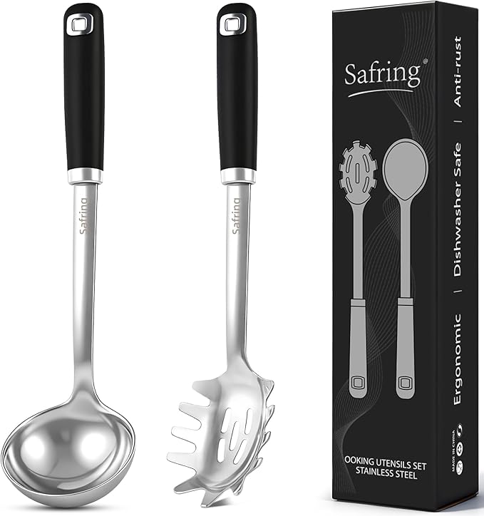 Safring Stainless Steel Soup Ladle and Spaghetti Spoon Set, Heat Resistant Rubber Handle, Dishwasher Safe, Kitchen Utensils for Cooking, Stirring, Serving Pasta, Soup & Sauce by Safring