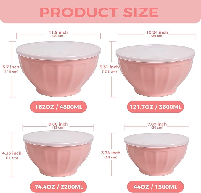 BoxedHome Mixing Bowls with Lids Set, 4PK Large 0.2” Thick Plastic Nesting Mixing Bowl, Microwave Safe,Size 1.37,2.32,3.8 and 5.07qt, Pink - Image 4