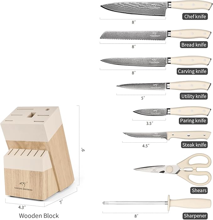 NANFANG BROTHERS Damascus Kitchen Knife Set 14 Pieces with Shears & Sharpener - VG10 Damascus Steel, ABS Ergonomic Handle, Wooden Block Storage White