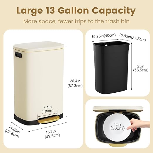 ELPHECO Kitchen Trash Can with Lid Soft Close, 13 Gallon / 50L Stainless Steel Pedal Garbage Can, Heavy-Duty Fingerprint Proof Step Wastebasket with 20 Bags, Removable Bucket, Home Office, Cream Beige - Image 3