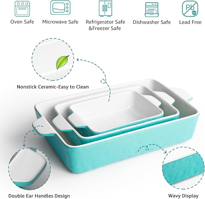 Casserole Dishes for Oven, Ceramic Baking Dishes, Lasagna Pan with Handles, Porcelain Baking Pan Deep, Bakeware for Baking, Cooking, Wedding Gift, Set of 3 (11.6" x 7.8", Aquamarine) - Image 4