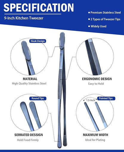 JETKONG 2 Pcs 9-Inch Cooking Tweezer Tongs Stainless Steel Kitchen Tweezers Plating Tongs (Navy Blue) - Image 2