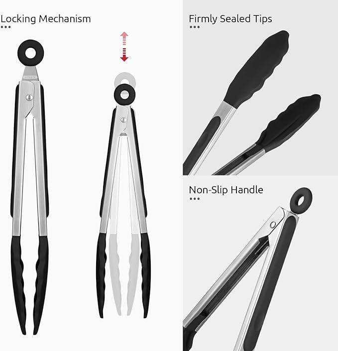 600ºF Heat Resistant Kitchen Tongs: U-Taste 9 inch Silicone Cooking Tong with Firm Sealed Non Stick Rubber Tips & Silicon Coated 18/8 Stainless Steel Handle & Smooth Locking for Serving Salad (Black) - Image 6