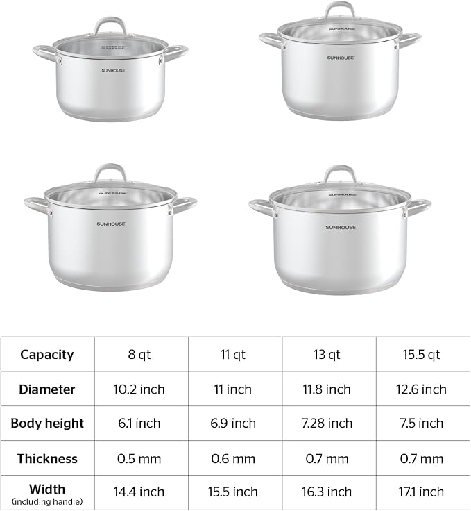 SUNHOUSE 8 Quart Stock Pot with Lid - 3-Ply Bottom Stainless Steel Pasta Cooking Canning Dutch Oven Pot - Induction Compatible for All Stovetops - Dishwasher Safe & Oven Safe - Image 7