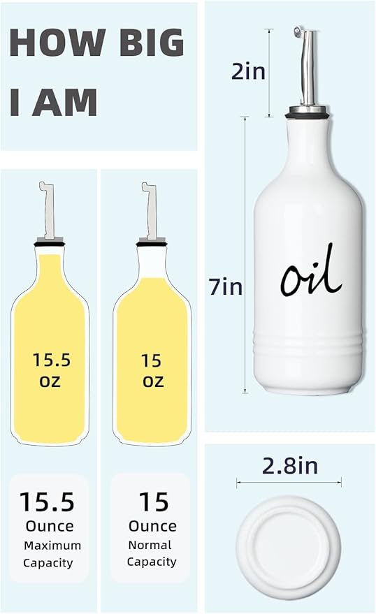 Farmhouse Ceramic Oil and Vinegar Dispenser Bottle Set, Perfect for Storage of Oil and Vinegar,15 oz (White)