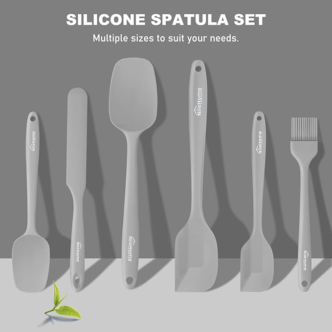 NileHome Silicone Spatula Set, 6 Pieces Food Grade Kitchen Utensils with Silicone Brush Heat Resistant Dishwasher Safe BPA-Free Rubber Spatula for Scraping, Baking, Cooking, Mixing-Grey - Image 7