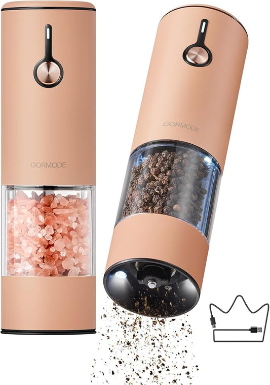 Electric Pepper Grinder and Salt Mill Set - Large Capacity USB Rechargeable Automatic Grinder with Dual LED Lights, One-Handed Operation & Slide Cover - Brushed Stainless Steel by GORMODEOfficial