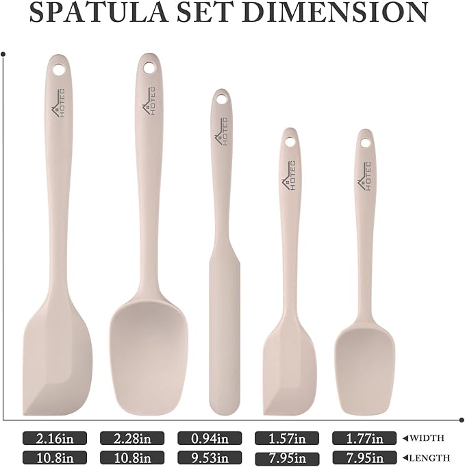 HOTEC 600℉ Heat Resistant BPA-Free Silicone Rubber Spatula Set,Kitchen Cooking Spatulas, Baking, Mixing for Non Stick Cookware, Dishwasher Safe, Set of 5, Khaki - Image 2