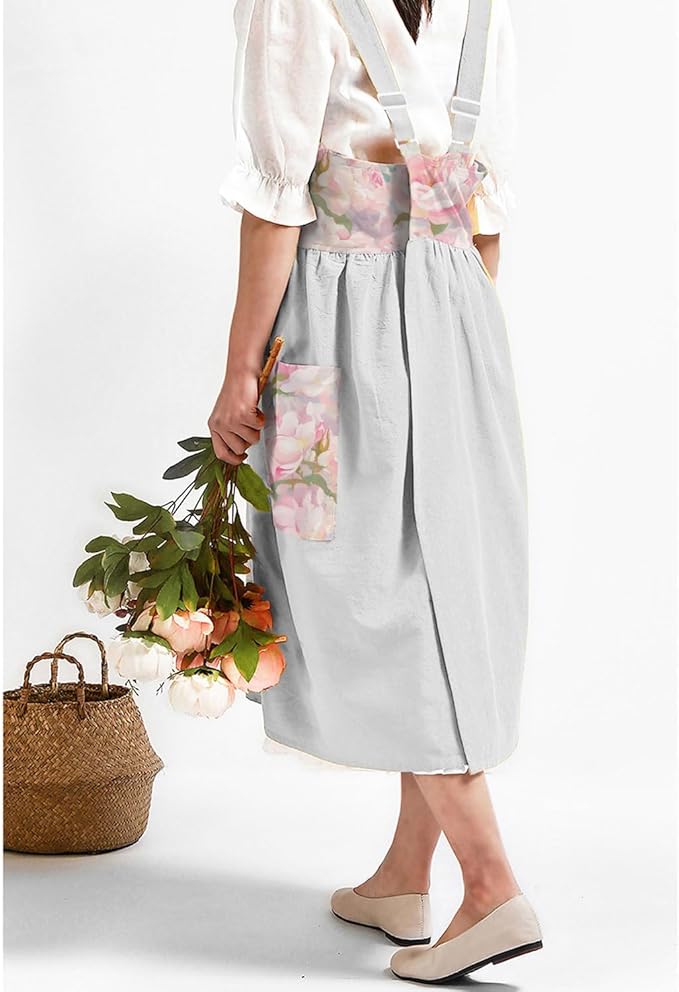 Uaussi Cotton Linen Apron Cross Back Work Apron for Women with Pockets Pinafore Dress X Cross Halter Apron for Chef Gardening - Image 4