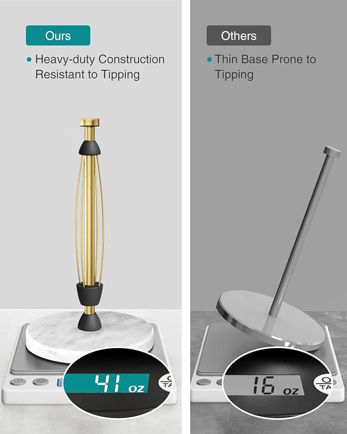 Paper Towel Holder Countertop, Marble Weighted Base, Warm Gold, One-Handed Tear, Freestanding Paper Towel Stand Rack with Ratchet Mechanism for Kitchen Bathroom Essential Decor Accessories - Image 4