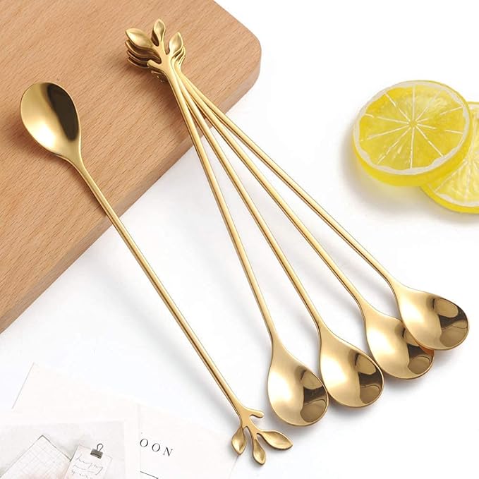 AnSaw 6-Piece Elegant Gold Leaf Long Handle Teaspoons - 7.4" Stainless Steel Stir Spoons for Coffee & Tea, Perfect for Mixing & Stirring - Image 5