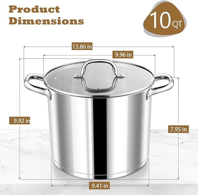 P&P CHEF 10 QT Stock Pot with Lid, Stainless Steel Large Cooking Pot, Soup Canning Stockpot for Stewing Simmering, Tri-ply Bottom for All Stoves, Heavy-Duty &Dishwasher Safe & Food-Grade - Image 2