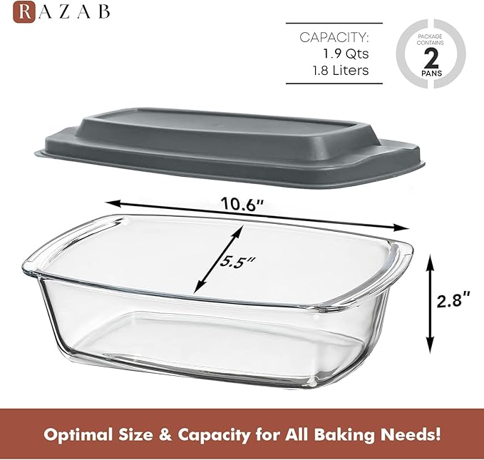 Razab LARGE 7.6 Cups/1800 ML/1.9 Qt Glass Loaf Pan with Lids (Set of 2) - Meatloaf Pan BPA free Airtight Lids Grip Handle Easy Carry, Microwave and Oven Safe - Loaf Pans For Baking Bread, Cakes - Image 3