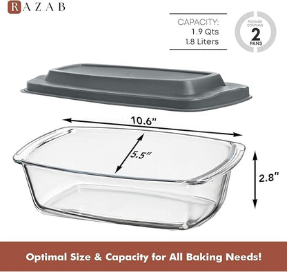 Razab LARGE 7.6 Cups/1800 ML/1.9 Qt Glass Loaf Pan with Lids (Set of 2) - Meatloaf Pan BPA free Airtight Lids Grip Handle Easy Carry, Microwave and Oven Safe - Loaf Pans For Baking Bread, Cakes - Image 3