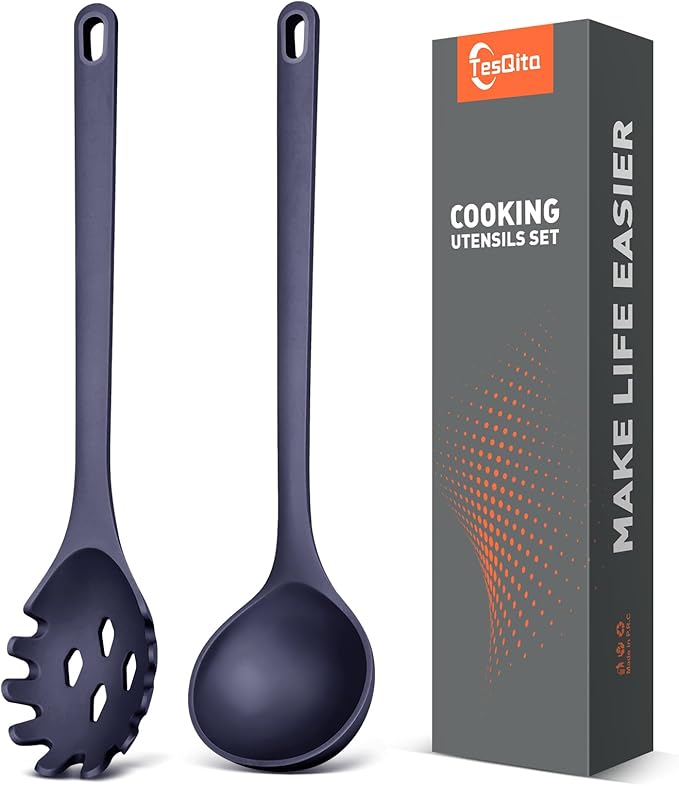 Silicone Spaghetti Spoon&Soup Ladle Cooking Utensils Set of 2,No Scratch for Nonstick Cookware,BPA Free, 450℉ Heat Resistant (BLUE) by TesQita