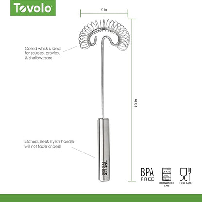 Tovolo Spiral Whisk Stainless Steel 10” Sauce and Gravy Whisk for Cooking Blending Mixing Stirring Whipping Whisking and Egg Beating, Easy to Clean Dishwasher Safe Kitchen Flat Bottom Coil Whisker