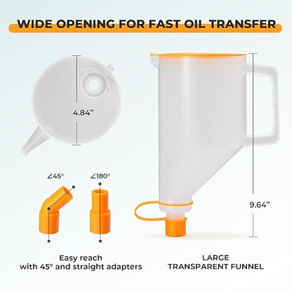 FOUR UNCLES 1.5L Oil Funnel Kit, Universal No-Spill Engine Oil Funnel with 14 Adapters Fits for Most Cars, Trucks & SUVs, Hands-Free Operation and Transparent Monitoring
