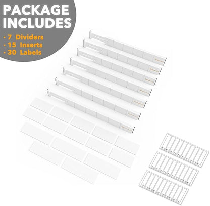 SpaceAid Bamboo Drawer Dividers with Inserts and Labels, Kitchen Adjustable Drawer Organizers, Expandable Organization for Home, Office, Dressers, 7 Dividers with 15 Inserts (17"-22" White) - Image 7