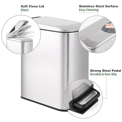 TIPGO Slim Bathroom Trash Can with Lid Soft Close, Step Pedal, 6 Liter / 1.6 Gallon Stainless Steel Trash Bin, Small Garbage Cans for Bedroom, Office, Kitchen (Silver) - Image 5