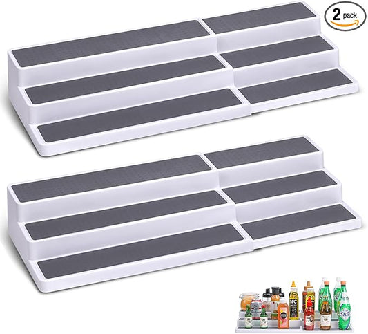 CiWiVOKi 3 Tier Expandable Spice Rack Organizer, White/Grey Plastic Spice Rack, Adjustable Length 14.6In-25.8In, 2 Pack Non-Skid Tiered Spice Shelf Organizer for Kitchen Cabinet, Cupboard, Pantry by CiWiVOKi