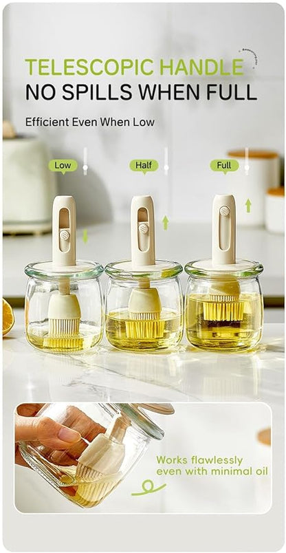 Retractable Oil Brush Dispenser, 2-in-1 Glass Olive Oil Bottle with Silicone Basting Brush — Adjustable Telescopic Design for Cooking, BBQ, and Baking (White/Green/Yellow) (WHITE)