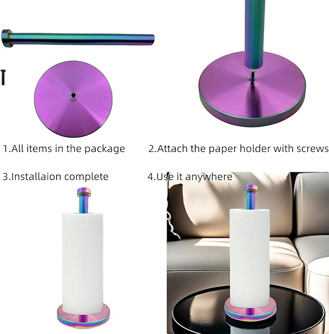 Stainless Steel Paper Towel Holder Countertop, Rainbow Kitchen Roll Holder Stand with Weighted Base Removable Top for a Variety of Paper Towels