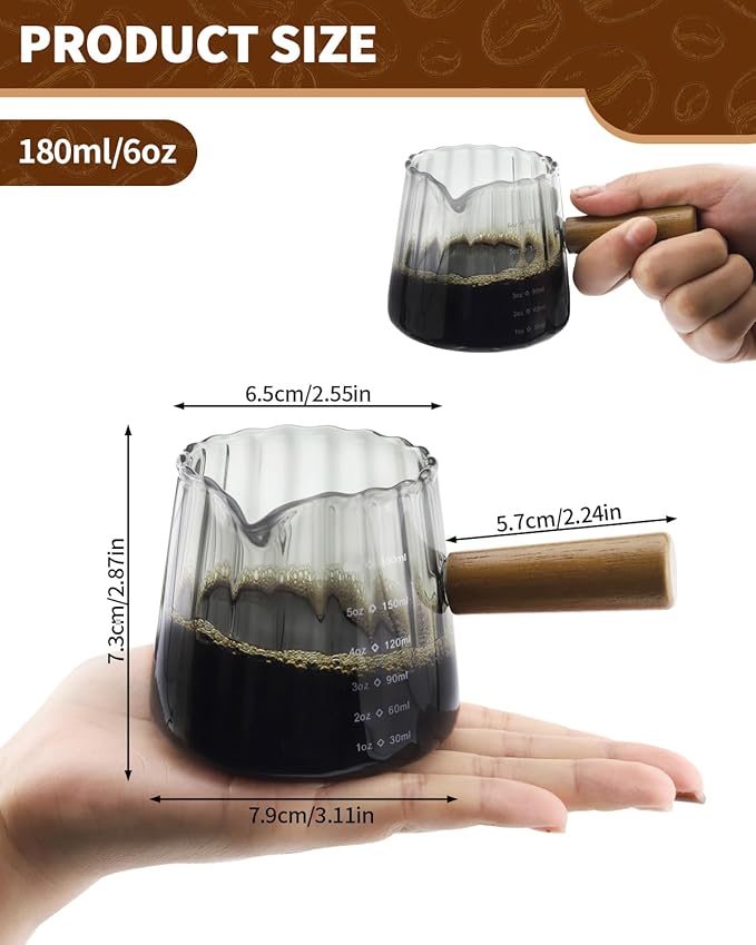 2 Pack Espresso Measuring Cup, 6oz Borosilicate Glass Espresso Cups with Wood Handle, V-Shaped Spout Milk Frothing Cup for Coffee, Tea, Syrup – Dishwasher Safe