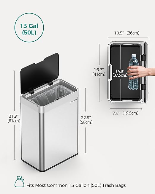 Kitchen Trash Can Touchless, 13 Gallon/50 L Stainless Steel Automatic Motion Sensor Trash Can, Type-C Rechargeable Garbage Can with Lid, Silent Close, Touchless Trash Bin for Home Kitchen, Silver - Image 8