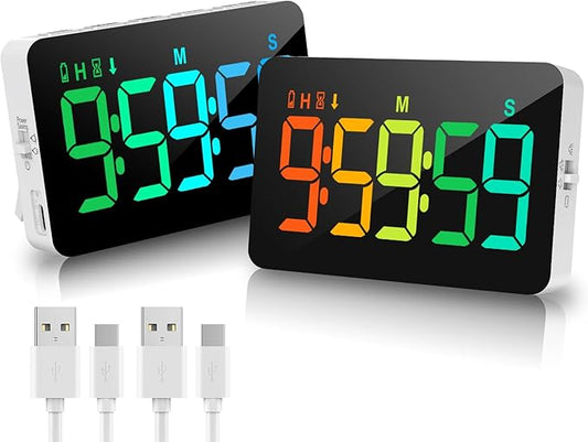 (2 Packs) Rechargeable Timers，Digital Kitchen Timer with 10 Dynamic RGB Color, Magnetic Classroom Timer with Countdown/up with 5”LED Display 3 Brightness 4 Volume Adjustable by Samshowmakesyourkitchentechnologicalmodernandadvanced