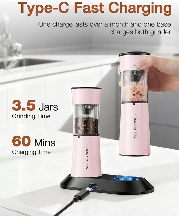 Gravity Electric Salt and Pepper Grinder Set 2-Pack, USB-C Rechargeable with LED Light, Automatic Stainless Steel Mills for Kitchen, BBQ, Dining Table & Gifts - Petal Pink