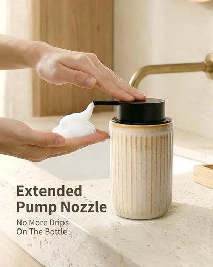 BosilunLife Foam Hand Soap Dispenser - Ceramic Foaming Soap Dispenser for Bathroom 12oz Refillable Liquid Lotion Soap Dispenser with Rust-Proof Foaming Pump for Countertop, Greige