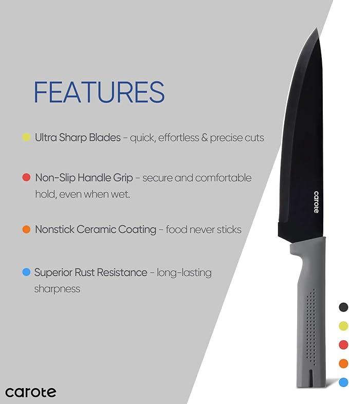 CAROTE 14Pcs Kitchen Knife Set, Stainless Steel knife set with ABS Block, Rustproof Cutlery with Ceramic Surface, 6 Steak Knives