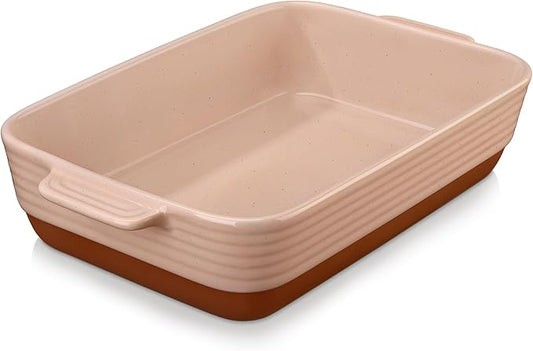 MALACASA 4.8 Qt Ceramic Oven Dish with Handles, 9 x 13 Inch Baking Dish Casserole Dishes, Deep Rectangular Lasagne Dishes Bakeware for Roasting (Khaki & Pink), Series TARA by MALACASA