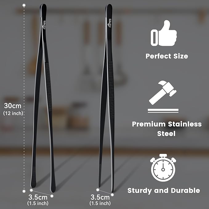 HOTEC Kitchen Tweezers Tongs Stainless Steel Professional Chef Tweezers, Set of 2-12inch Extra-Long Food Tongs for Cooking,Grill and Baking - Image 2