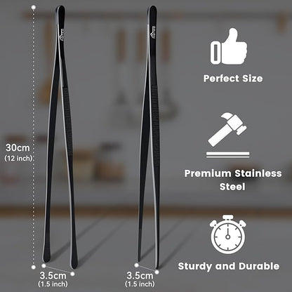HOTEC Kitchen Tweezers Tongs Stainless Steel Professional Chef Tweezers, Set of 2-12inch Extra-Long Food Tongs for Cooking,Grill and Baking - Image 2