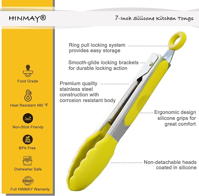 HINMAY Small Appetizer Tongs 7-Inch Silicone Tipped Kitchen Tongs, Set of 3 (Yellow) - Image 2