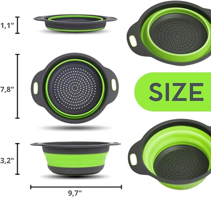 Small Collapsible Colander with Plastic Handles Round Silicone Kitchen Strainers Foldable Kitchen Strainer Perfect for Draining Pasta Vegetable and Fruit Green