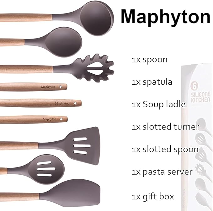 Mapthon Silicone Cooking Kitchen Utensils Set 6 PCS with Wooden Handle for Non-Sticker Cookware Heat-Resistant Kitchen Gadgets Serving Spoons, Slotted Turner, Spatula, Spaghetti Server(Grey)